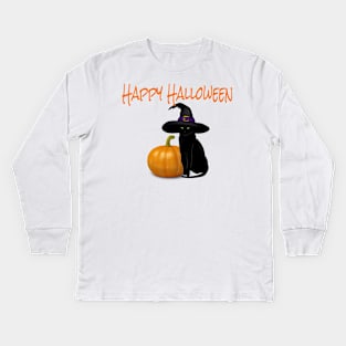 Happy Halloween Black Cat with Pumpkin Kids Long Sleeve T-Shirt